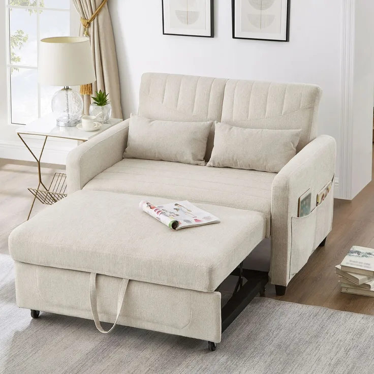 2-Sitzer Schlafsofa ausziehbar Baumwoll-Leinen, verstellbare Rückenlehne, Doppelbett Sofa für Wohnzimmer,Beige