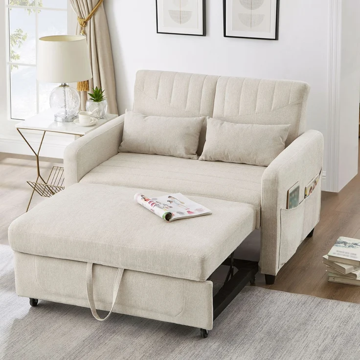 2-Sitzer Schlafsofa ausziehbar Baumwoll-Leinen, verstellbare Rückenlehne, Doppelbett Sofa für Wohnzimmer,Beige – Bild 1