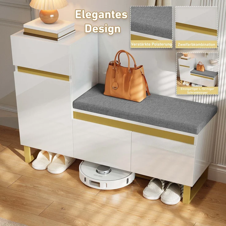 Schuhschrank MDF mit Sitzbank & Schublade, 120x35x85 cm, Weiß – Bild 7