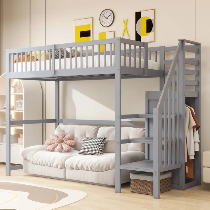 Hochbett 90x200 mit Treppe, Kinderbett aus Holz mit Aufbewahrungsregal, einfacher Kleiderschrank Grau