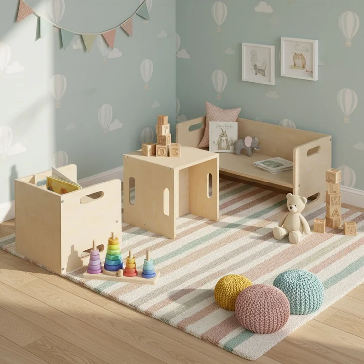 Bellabino 'Aki' 2in1 drehbare Kindersitzgruppe, 2x Stuhl und 1x Bank, natur unbehandelt, Birke Sperrholz, 3 Sitzhöhenstufen – Bild 2