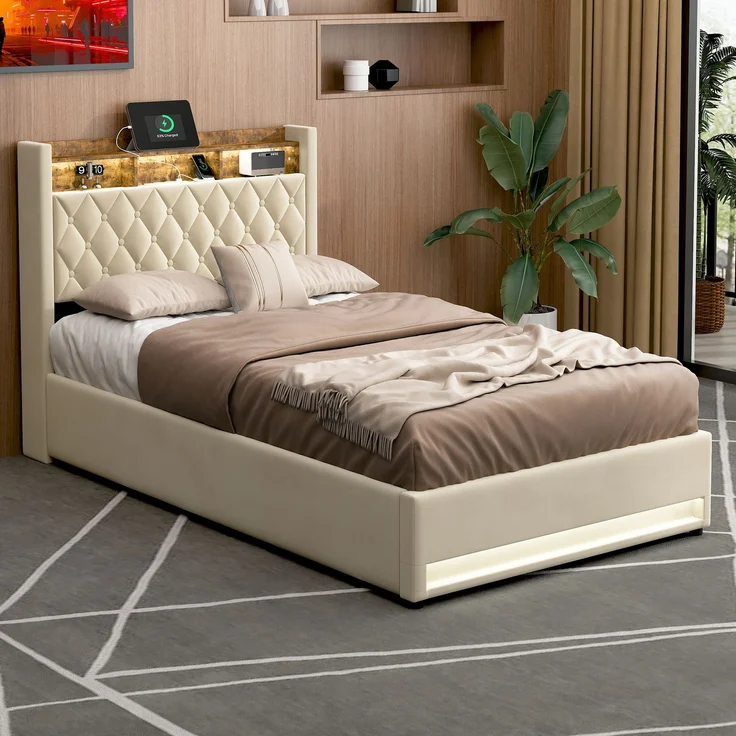 Polsterbett aus Samt mit hochelastischer Polsterung & Lattenrost, ohne Matratze, 140x200 cm, Beige – Bild 9