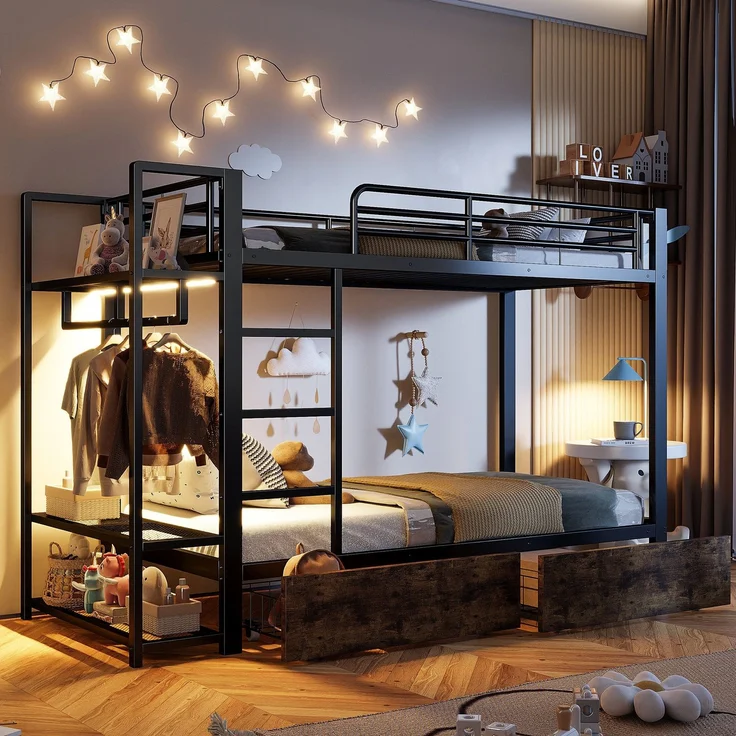 Etagenbett mit Schubladen, RGB LED-Streifen, Kleiderstange, Regal, Lattenrost und Leiter, 90x200 cm, Kinderbett mit Rausfallschutz, Metallbett – Bild 3