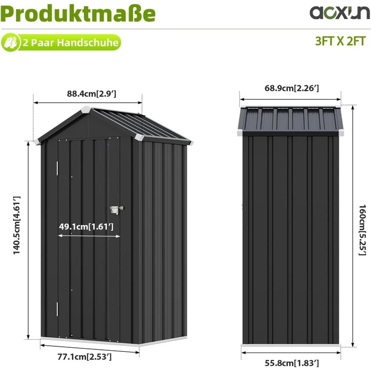 Aoxun Metall-Gartenschuppen 88x69x160cm mit Bodenplatte & 2 Ablagen | verstellbaren Ablagen, kompakter Gartenschrank wetterfestes Metall mit abschließbarer Tür für Balkon Terrasse Garten,Schwarz – Bild 2