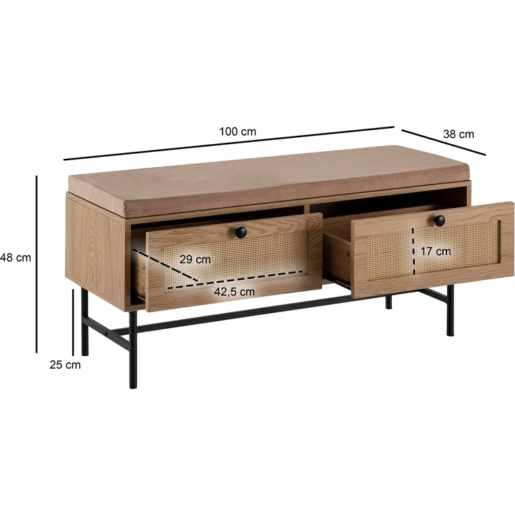 Schuhbank Eiche-Dekor 100x48x38cm mit Stauraum Rattan Sitzfläche Schubladen Flur – Bild 4
