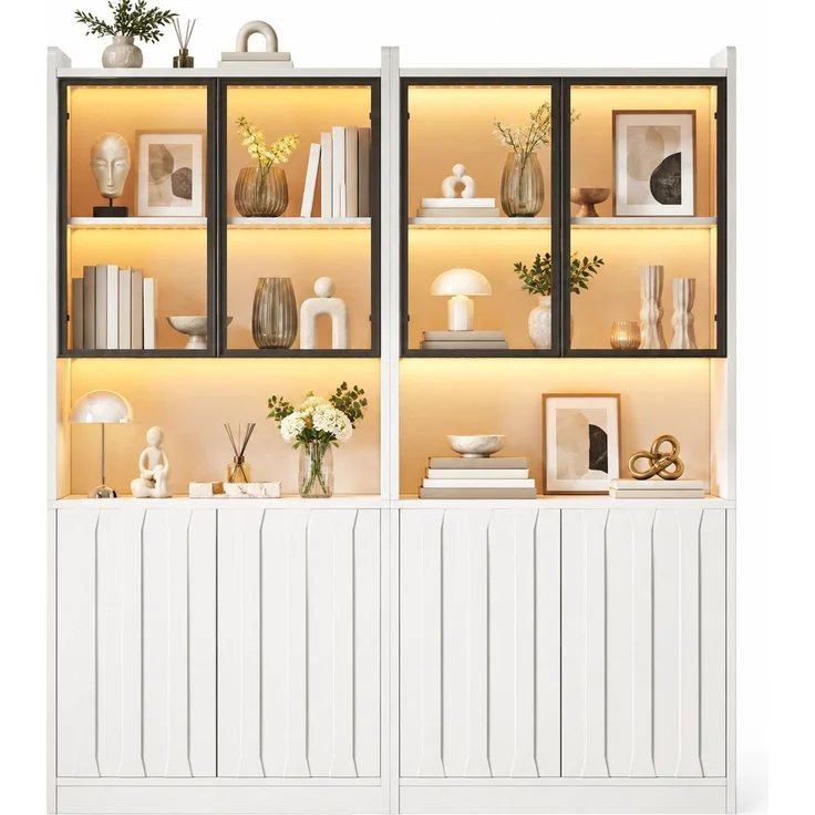 Vitrine im 2er-Set, B 160 x T 35 x H 200 cm, Weiß, Spanplatte und Sicherheitsglas, mit LED-Beleuchtung – Bild 7