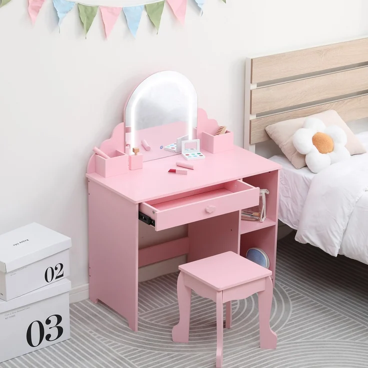 GarveeLife Schminktisch für Kinder, Mädchen, mit Hocker & LED-Lichtern, Schreibtisch für Kinder ab 3 Jahren mit Spiegel, Schminktisch Prinzessin mit 1 Schublade, Weiß mit Zubehör