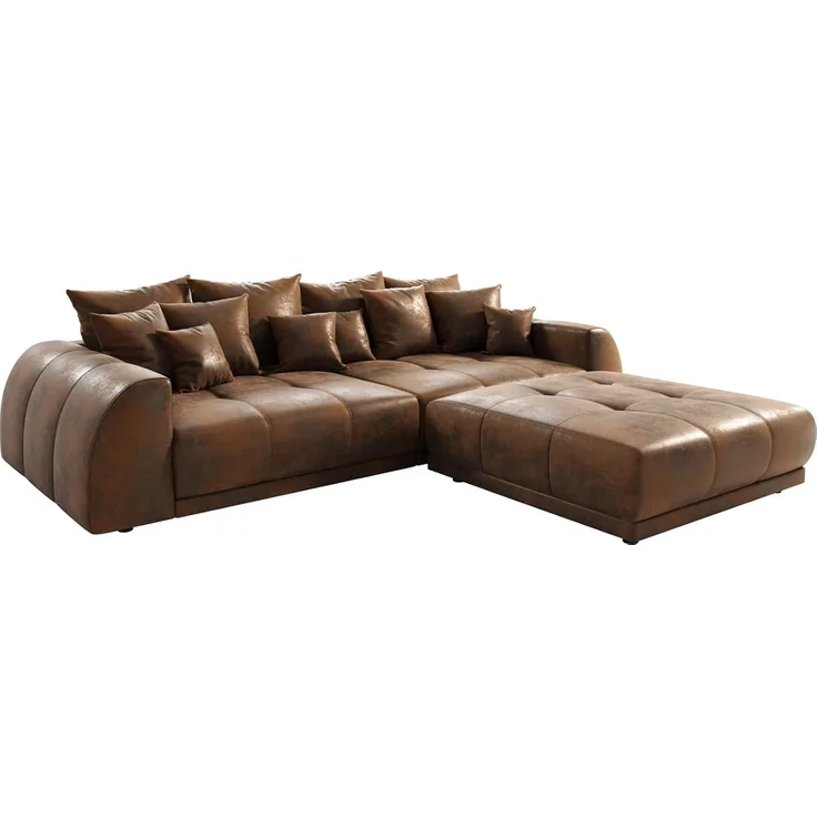 Delife 'Violetta' Big-Sofa, Mirkofaserstoff, 310 x 135 x 62 cm, Braun, mit Hocker