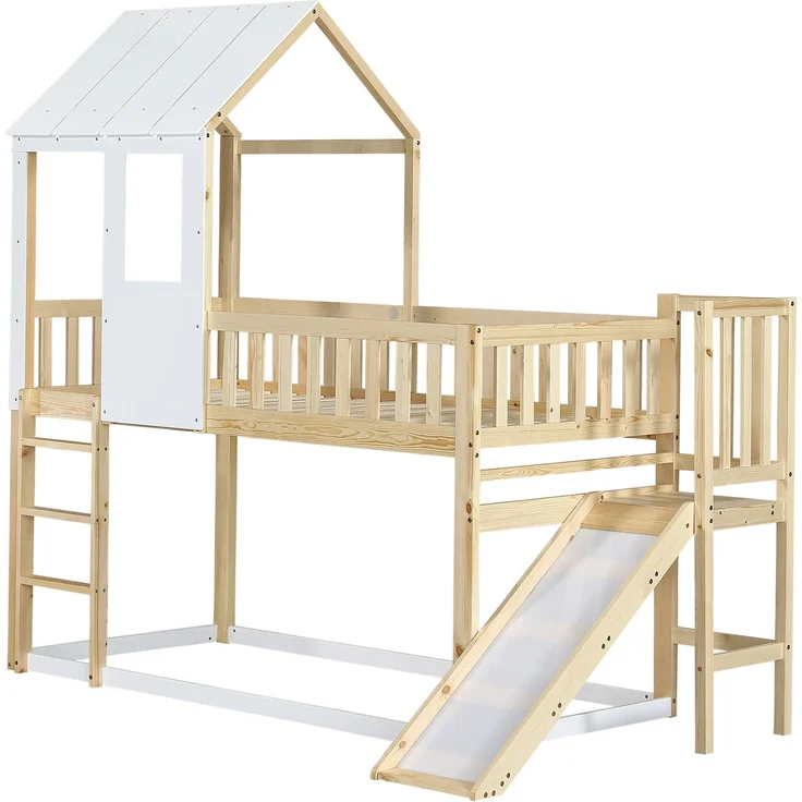 Merax Etagenbett mit rechtwinkliger Leiter und Rutsche, Hausbett mit Dach und Fenster, Kinderbett mit Fallschutz und Gitter, Rahmen aus Kiefer, Natur+Weiß (90x200cm) – Bild 9