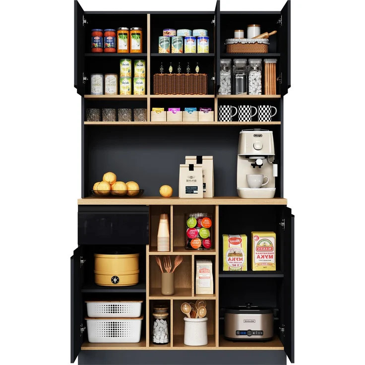 105×45×185cm,moderner Küchenschrank,Buffet,Sideboard,Grau und Schwarz,Metallgriffe,verstellbare Regale,Schubladen,offener Stauraum,Kippschutzzubehör,geeignet für Küche,Wohnzimmer und Schlafzimmer – Bild 6