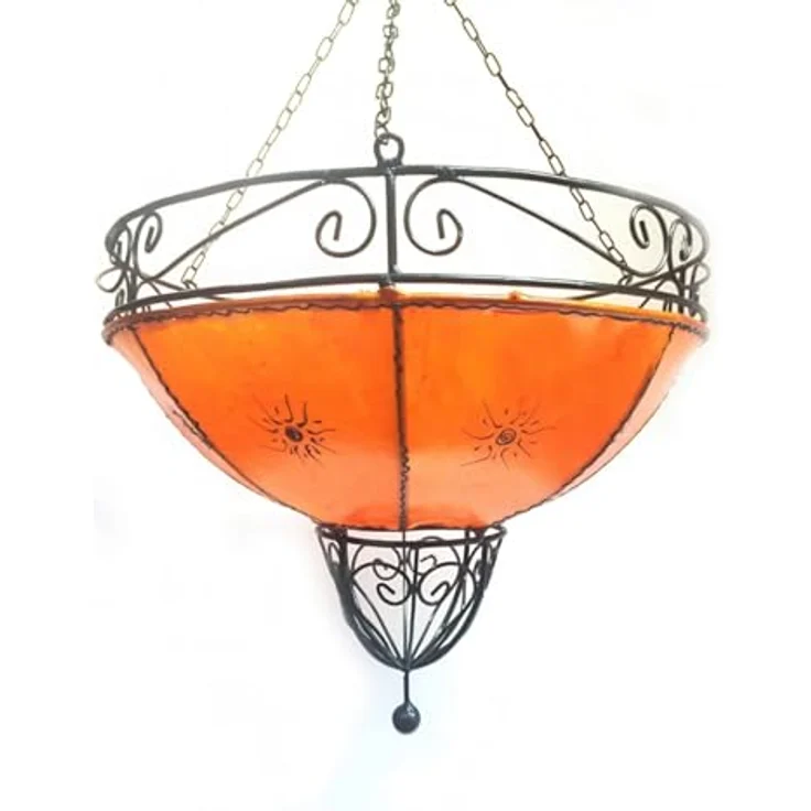 Marrakesch Orient & Mediterran Interior Pendelleuchte Demren Orange – Marokkanische Hängeleuchte Lampe aus Ziegenleder 45cm, Handarbeit – Bild 9