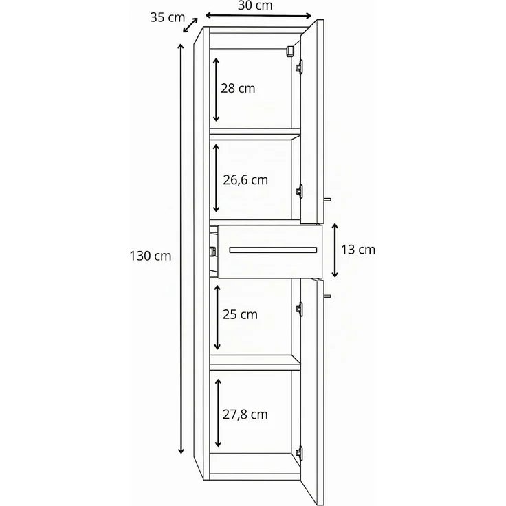 Badplaats Badezimmerschrank Florence 30 x 35 x 130 cm Cashmere - Hoch Badschrank mit 2 Türen und 1 Schublade – Bild 4