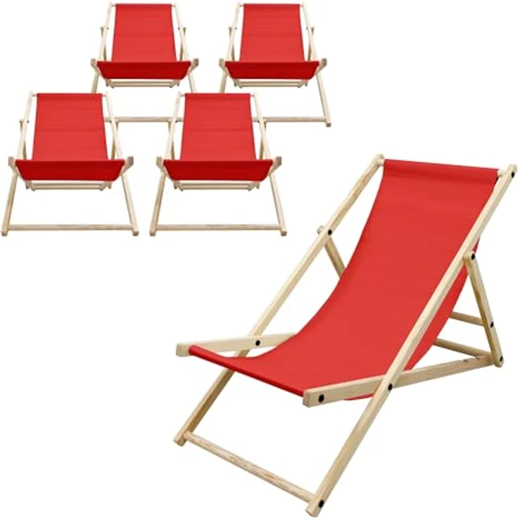 ECD Germany 5x Klappbarer Liegestuhl aus Holz, Rot, bis 120kg, 3-fache Liegehöhen, wetterfest – Bild 1