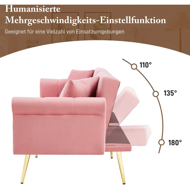 Schlafsofa in Rosa mit verstellbarer,vergoldete Metallfüße, 3 Stufen Rückenlehne, 2 flauschige Sofakissen, versteckter Stauraum – Bild 9