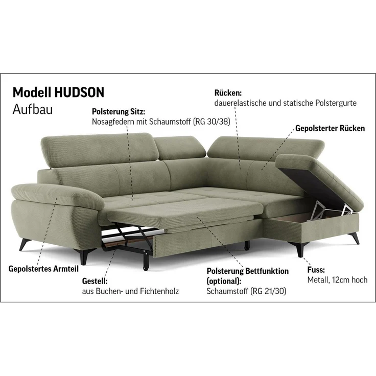 COTTA Ecksofa Hudson L-Form, B: 256 cm, mit Kopfteilverstellung, optional Bettfunktion & Bettkasten – Bild 3