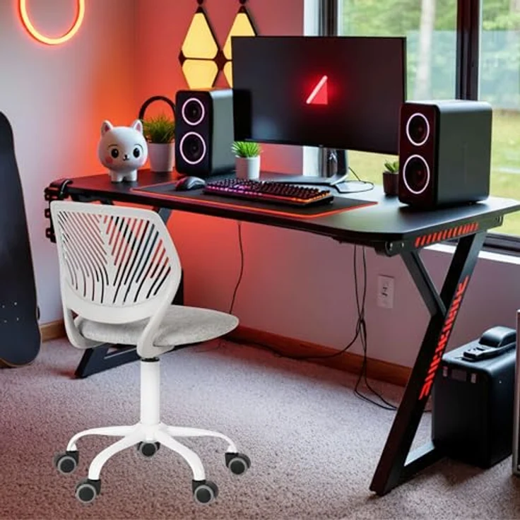 FurnitureR Kleiner Videospielstuhl, ergonomischer Schreibtischstuhl ohne Armlehnen, kompakter Drehstuhl mit Sitzhöhenverstellung und leisen Gummirädern, modernes Design für Gaming und Arbeiten – Bild 3