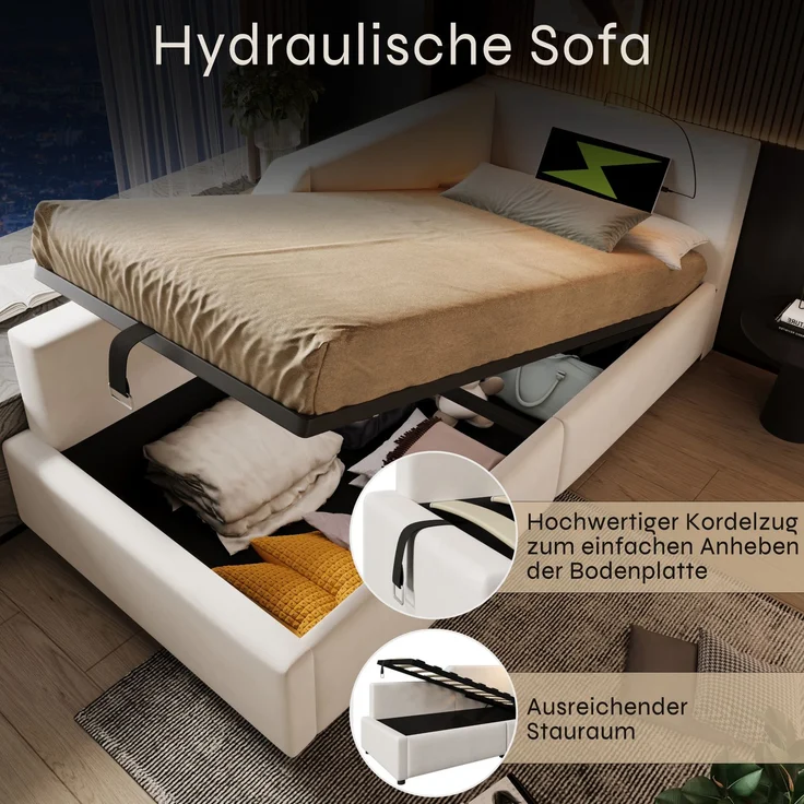 EINHOM Tagesbett Daybett 90 x 200 cm, Schlafsofa mit Hydraulischem Stauraum, Leselichtfunktion und USB-C-Ladefunktion, Kinderbett Jugendbett Bettgestell mit Lattenrost aus Holz, Samt, Beige, (Ohne Matratze) – Bild 4