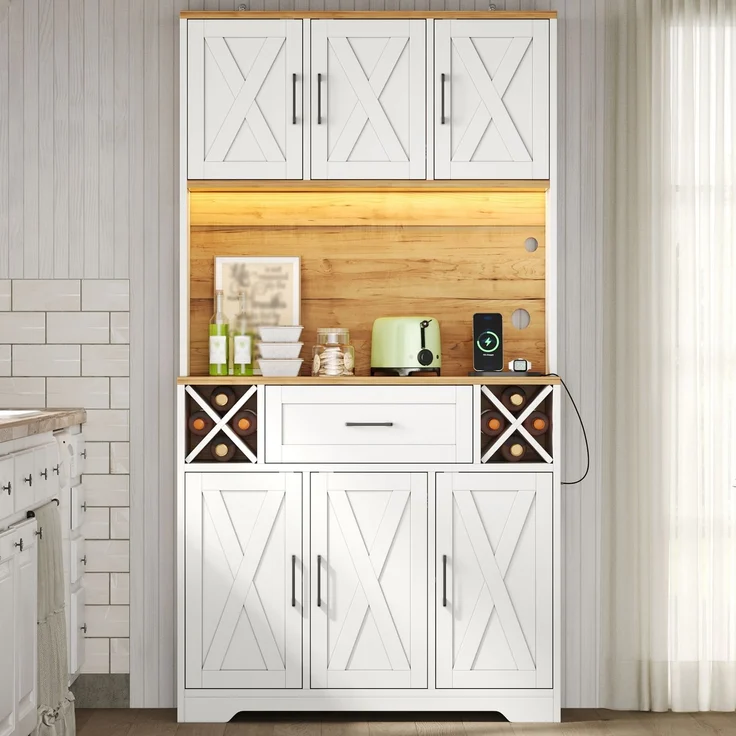 Küchenschrank, hoher Stauraumschrank mit LED-Beleuchtung, Vorratsschrank mit Weinregalen, Weinschrank & Vitrinenschrank für Wohnzimmer und Esszimmer, 180 × 105 × 40 cm--Natur + Weiß1--105x40x180cm--YOUDENOVA – Bild 6