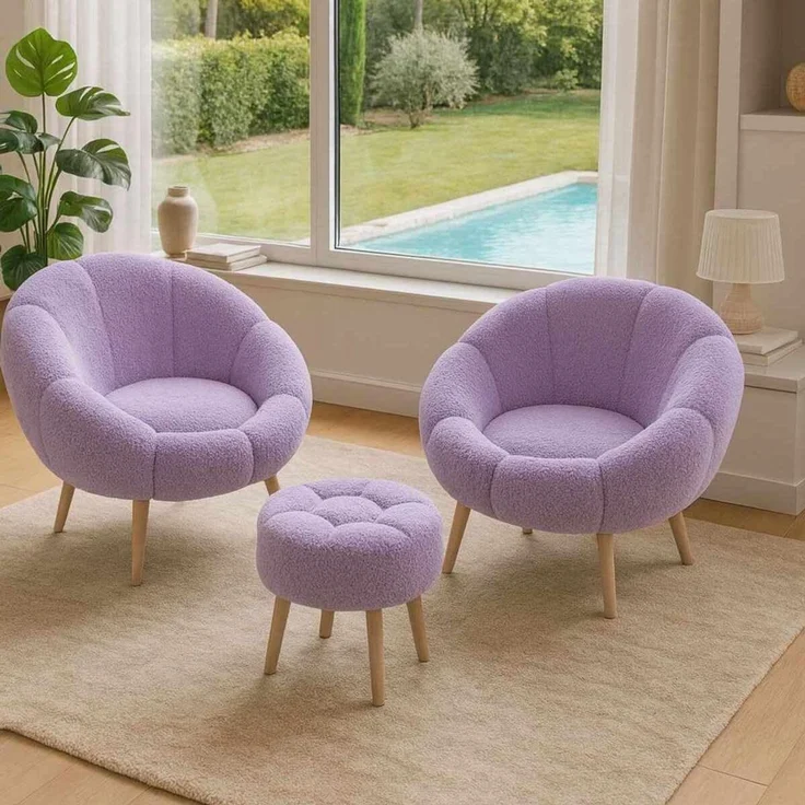 Hanah Home Elegantes Ohrensessel- und Hocker-Set (3-teilig), Flieder, 100% Wellssoft-Gewebe, Beine aus 100% Esche | Moderner Komfort & Stil – Bild 2