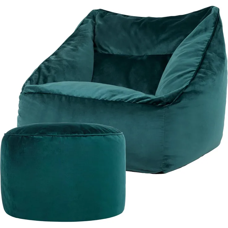 Icon Natalia Sitzsack Sessel mit Sitzpuff für Erwachsene, Blaugrün, Flauschiger Samtstoff, Riesen Sitzsack Samt mit Füllung, Bean Bag Chair, Bequemer Sessel Wohnzimmer, Lounge, Schlafzimmer, Büro