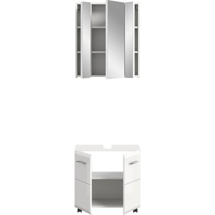 xonox. home – Badkombination Ice auf Rollen 60x185x30 cm in weiß Hochglanz – 2-teiliges Set inkl. Waschbeckenunterschrank auf Rollen & Spiegelschrank – Flexibel, modern & ideal für kompakte Badezimmer – Bild 3