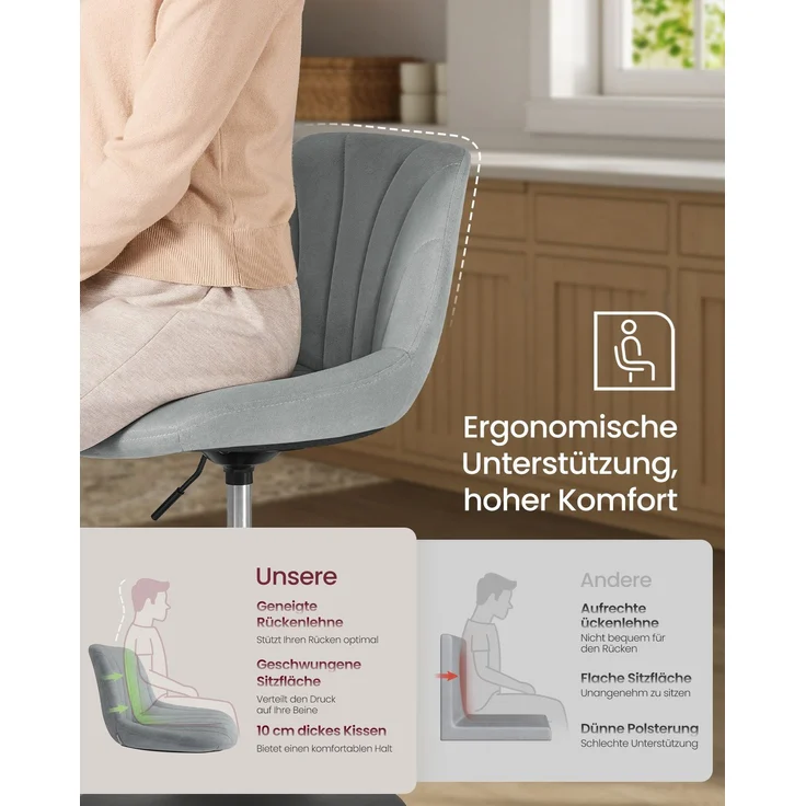 VASAGLE Schminkstuhl, 2er Set, Stizhocker, 65,5-77,5 cm höhenverstellbar, Barhocker, drehbar, Samt-Bezug, grau – Bild 4
