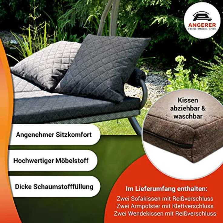 Angerer Freizeitmöbel Hollywoodschaukel 'Elegance Joy', 3-Sitzer mit Bettfunktion, taupe, 210 x 145 x 160 cm, wetterfestes Sonnendach, abziehbare und waschbare Bezüge, Made in Germany – Bild 2
