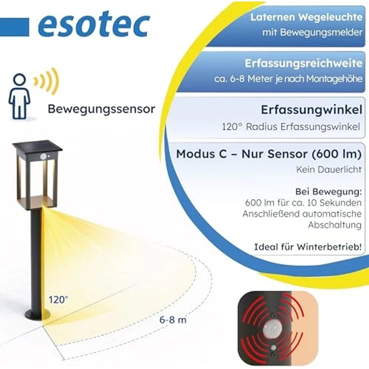 esotec LED Gartenleuchte Solar PIR Standleuchte Termoli H=65cm 3 Modi 36 LEDs 3000K IP44 102757, Bewegungssensor, 3 unterschiedliche Betriebsmodi, Bewegungssensor, automatisches Einschalten bei Dämmerung, LED fest integriert, warmweiß – Bild 4