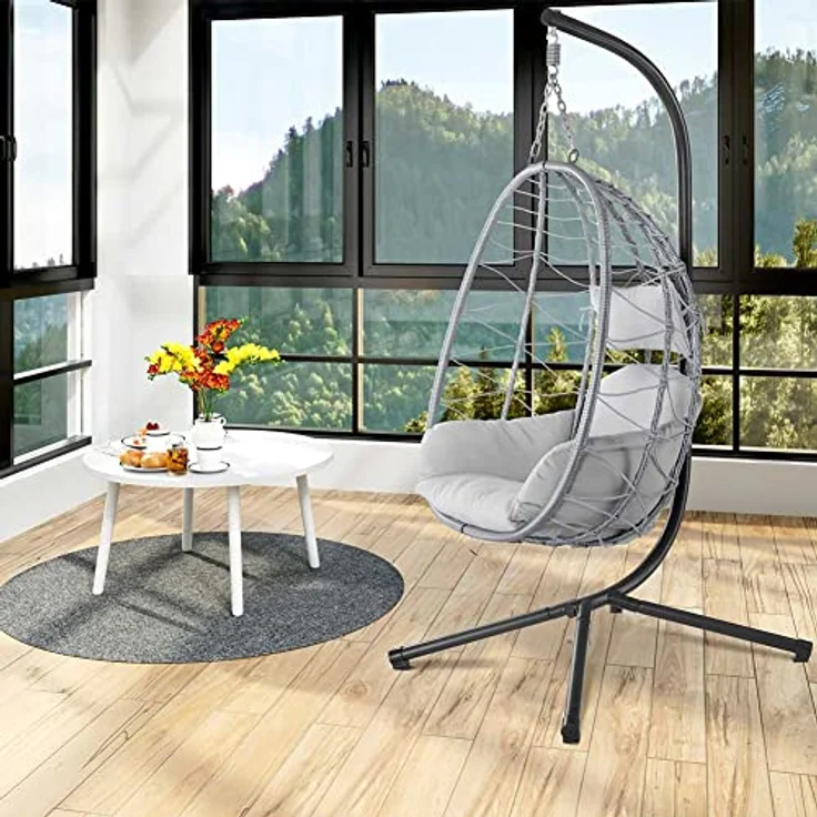BAKAJI Hängesessel für den Garten, Schaukelstuhl, Hängematte für den Außenbereich, Gestell aus Metall, Nest aus Rattan und Seil + gepolstertes Sitzkissen und Kopfstütze, 198 x 110 x 95 cm (Grau) – Bild 3