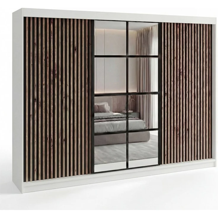 A&J MöbelLand 'NORIVO' Schwebetürenschrank, 200 cm, mit Spiegel und 3D-Lamellen, Weiß, Lamellen: Schwarz, Comfort + – Bild 1