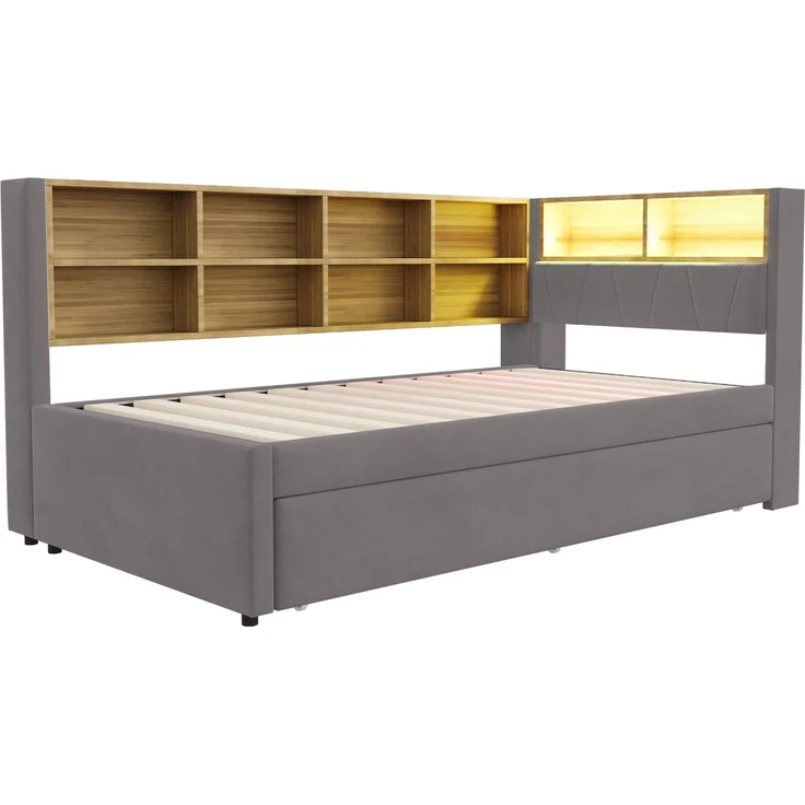 Polsterbett Ausziehbett 90/200 cm mit 90/190 cm Gästebett, LED, USB-C und Stauraum, Flanell Dunkelgrau, ohne Matratze – Bild 6
