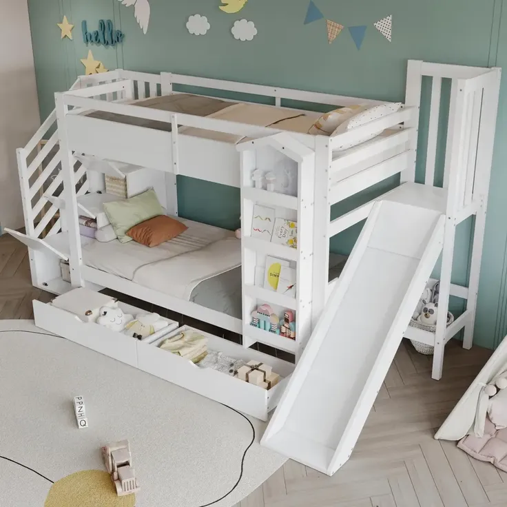 Etagenbett mit 2 Liegeflächen, Rutsche, Treppe, Regal, Schubladen, Stauraum und Rausfallschutz, 90x200cm, Kinderbett, Jugendbett, Kiefer – Bild 3