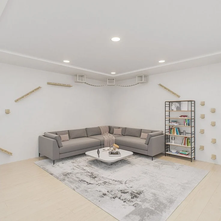 QLS Katzen-Kletterwand Deckenmontage, Set mit 2 Brücken und 3 Liegen aus Holz – Bild 3