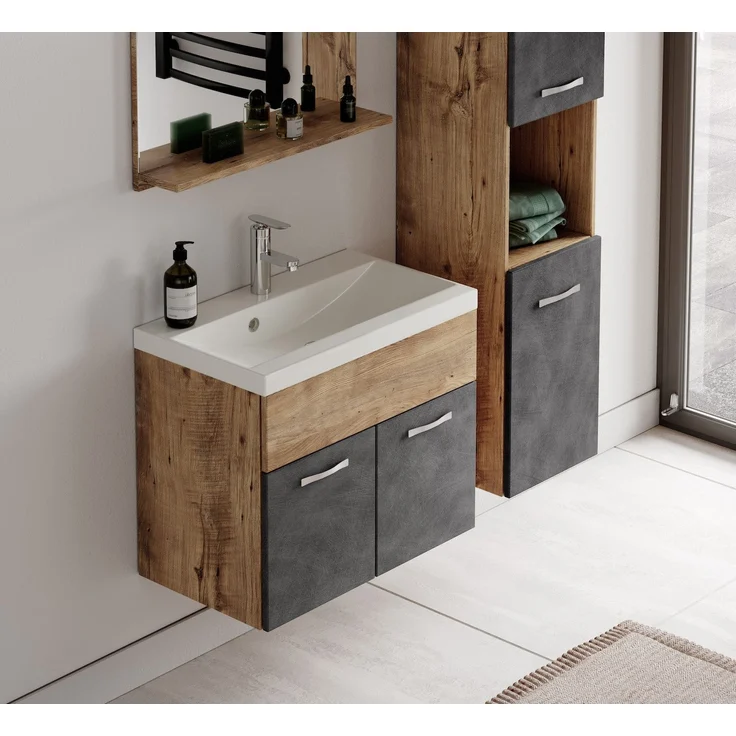 Badplaats Badmöbel Set mit Waschbecken und Unterschrank Montreal 01 60x35 cm Dunkel Grau mit Kastanien Eiche - Waschbeckenunterschrank mit Waschbecken – Bild 4