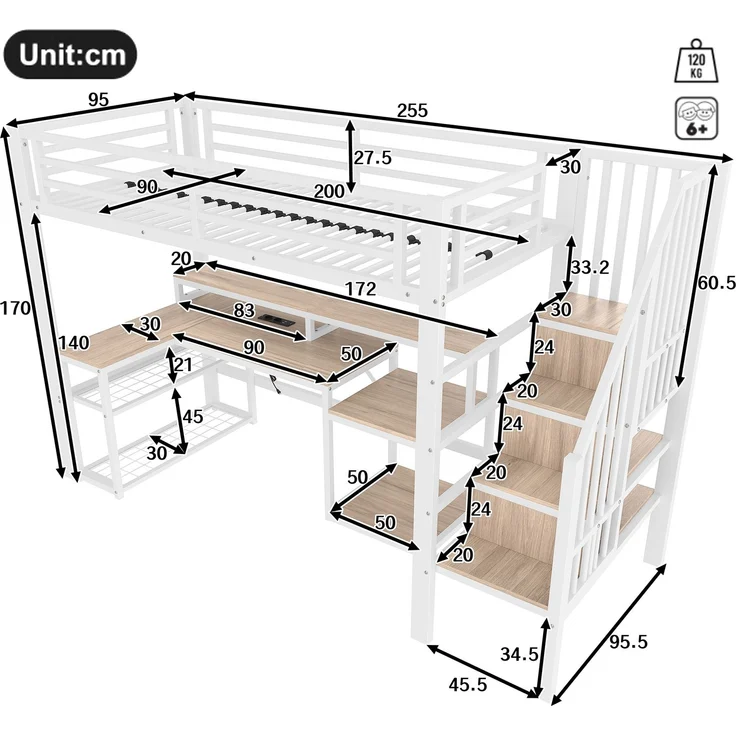 U-life Hochbett 90x200 cm, Eisenrahmen, Ablagefach, Treppenkonstruktionen, Sicherheitsgeländer, Metall, Weiß – Bild 8