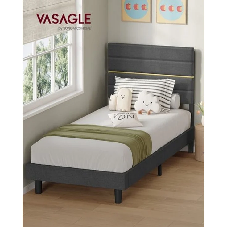 VASAGLE Bettgestell, Einzelbettgestell, passend für 90 x 200 cm Matratze, verstellbares gepolstertes Kopfteil, modern, grau – Bild 2