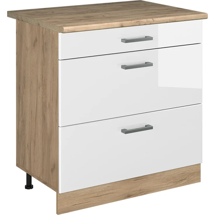 Küchenunterschrank R-Line Weiß Hochglanz/Goldkraft Eiche 80 cm mit 3 Schubladen Arbeitsplatte Goldkraft Eiche Vicco – Bild 1