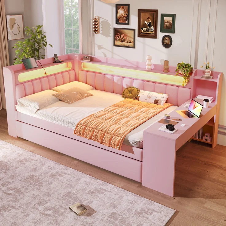 Gepolstertes 140x200 Tagesbett mit USB-Anschlüssen und LED-Gürtel, mit Ausziehbett und Schreibtisch, Rosa – Bild 3