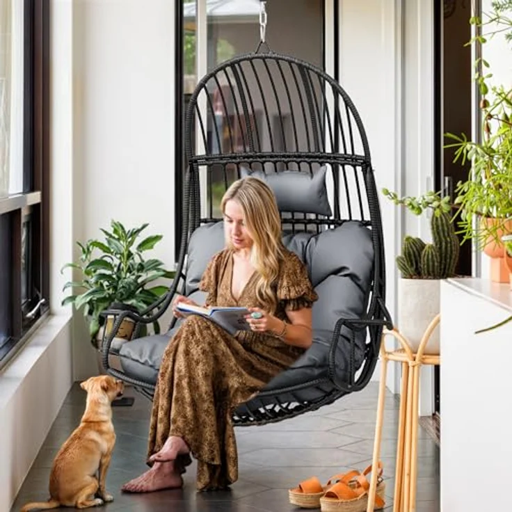 YITAHOME Rattan Hängesessel 150kg, mit Kissen & Getränkehalter, Grau – Bild 7