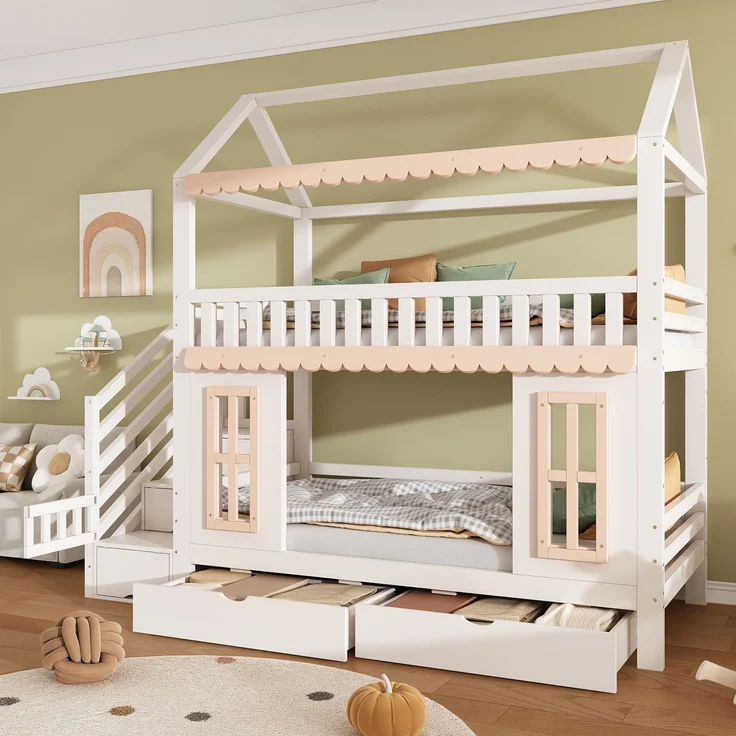 ZUBALIYA Etagenbett, Kinderbett, Hausform, Seitlicher Stauraumschrank mit Leiter, 2 Schubladen, Dekorative Holzfenster und Zierleisten, Kiefer+MDF, Weiß+Natur, 90x200 cm, Natur / Weiß – Bild 7