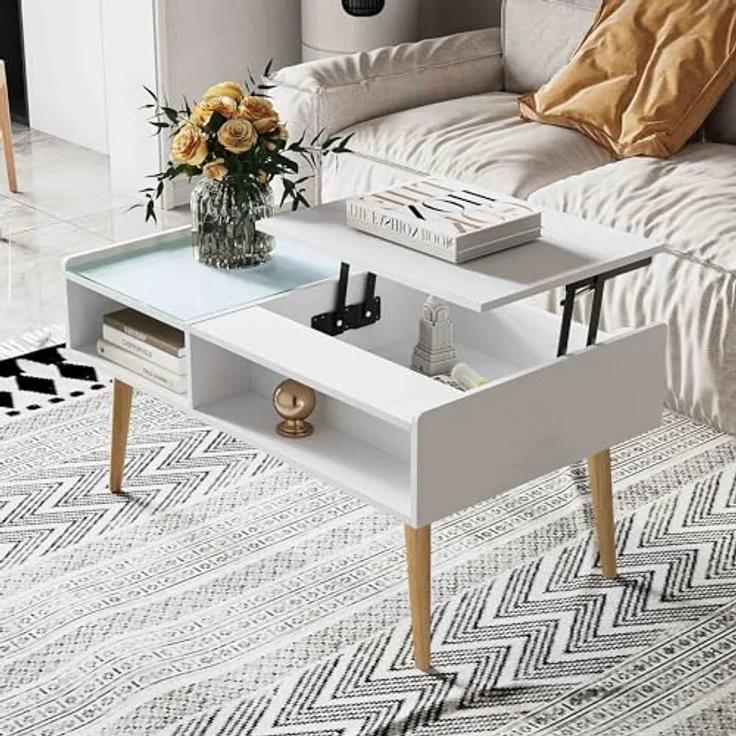 Makika Couchtisch / Wohnzimmertisch mit Glas ausziehbar mit verstecktem Fach in Weiß – Bild 2