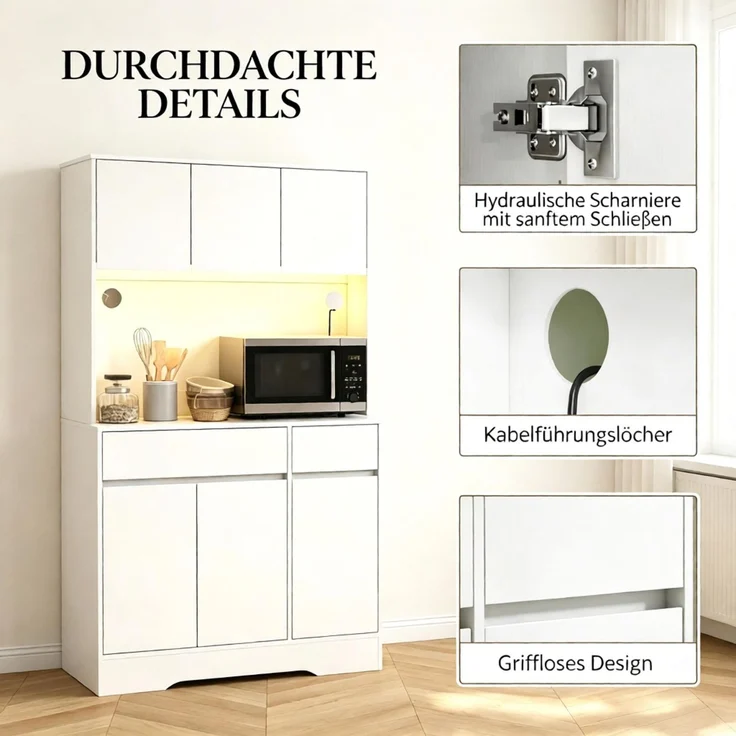 ZUBALIYA Hohes Küchenbuffet mit RGB‑LED‑Beleuchtung / Arbeitsfläche, mit küchenaufbewahrungsmöbel und 6 Türen und 2 Schubladen, 100.00 x 38.00 x 180.00 cm, mit Schubladen, mit LED, Samt, Weiß – Bild 4