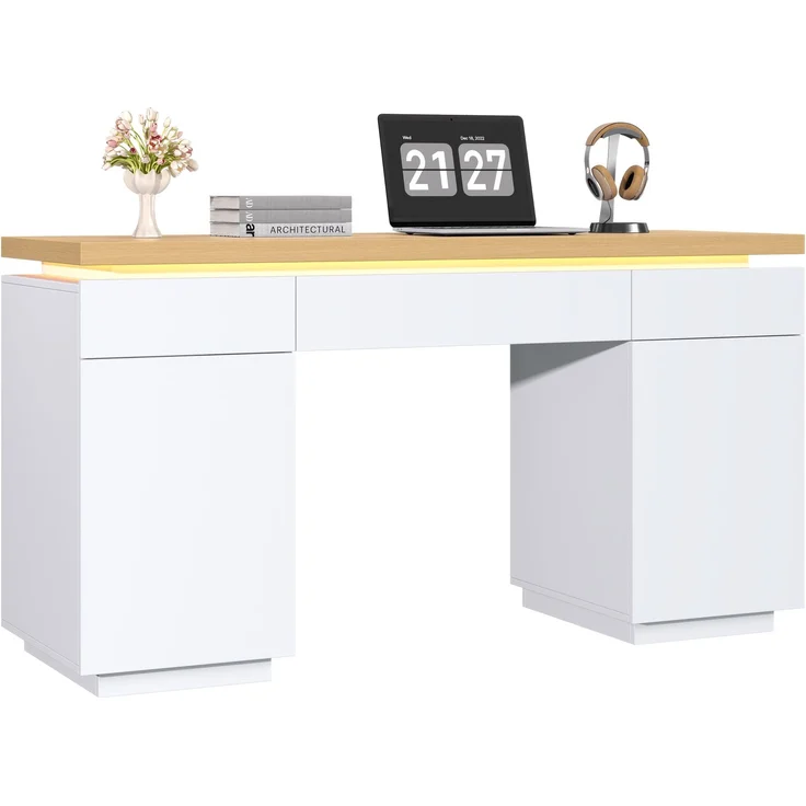 ZUBALIYA 140×50cm großer Schreibtisch,verlängerte und verdickte Tischplatte mit LED-Beleuchtung, ausgestattet mit 3 Schubladen,2 Türen und verstellbaren Einlegeböden,großer Stauraum, Schreibtisch, Schminktisch – Bild 7