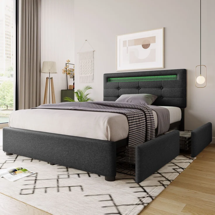 Einzelbett 90 × 200 cm mit LED-Beleuchtung, verstellbarem Kopfteil, 2 Schubladen, Leinenbezug in Grau, modernes Design,inklusive Matratze – Bild 3