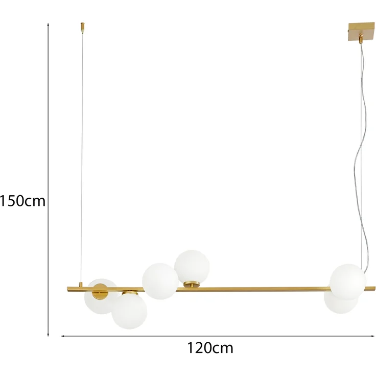 LED Pendelleuchte 6-flammig Gold mit Glaskugeln in Opalweiß, Breite 120cm – Bild 4