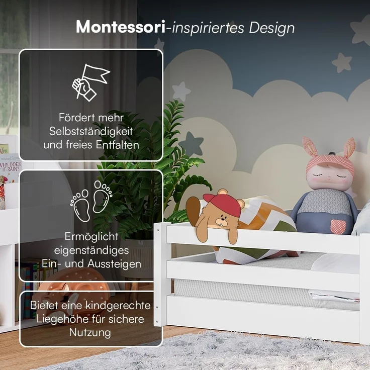 Bellabino Iskri Bodenbett 120x200 cm – Montessori Kinderbett mit Matratze, Rausfallschutz & Lattenrost – Holzbett für Jungen & Mädchen aus Kiefer Massivholz in Weiß – Kleinkindbett – Bild 5