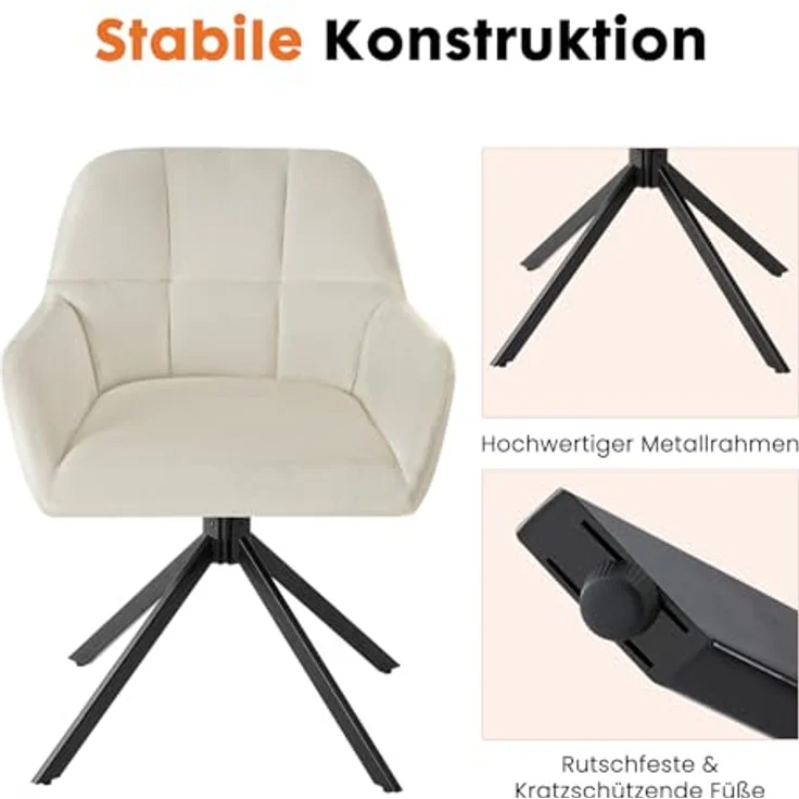 Sweetcrispy Esszimmerstuhl, 360° Drehstuhl Esszimmer, Küchenstuhl, Samt Schminktisch Stuhl, bis 120 kg belastbar, Sessel mit Armlehnen Stahlbeine, Schreibtischstuhl für Arbeitszimmer, Beige – Bild 6