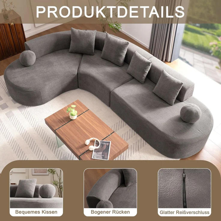 Ecksofa 327x215x80 cm in Grau, Chenille, mit 7 cm Sitzpolster, großzügigem L-Design und 4 Kissen – Bild 9