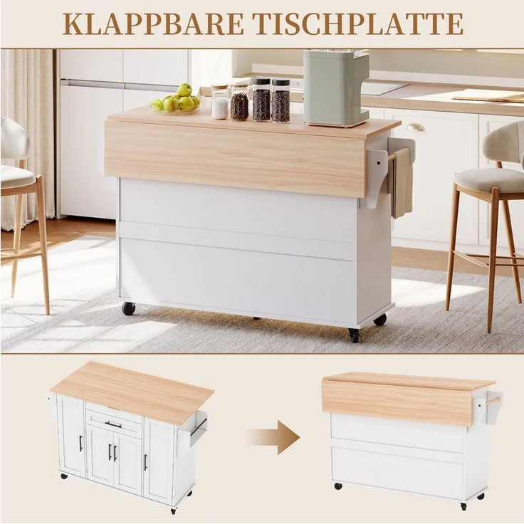SeedWave Kücheninsel auf Rollen, mit Klappbarer Tischplatte, Besteckschublade, Staufächern, 1 Gewürzboard & Handtuchhalter, 3 höhenverstellbare Einlegeböden – Bild 3