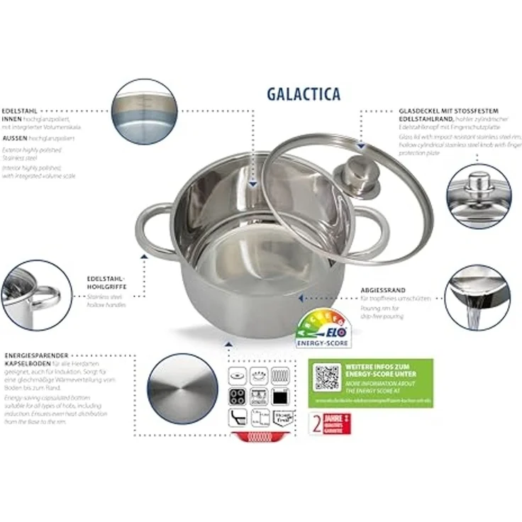 Elo 'Galactica' Topfset mit Innenskalierung und Abgießrand, 5-teilig, Edelstahl silber – Bild 2